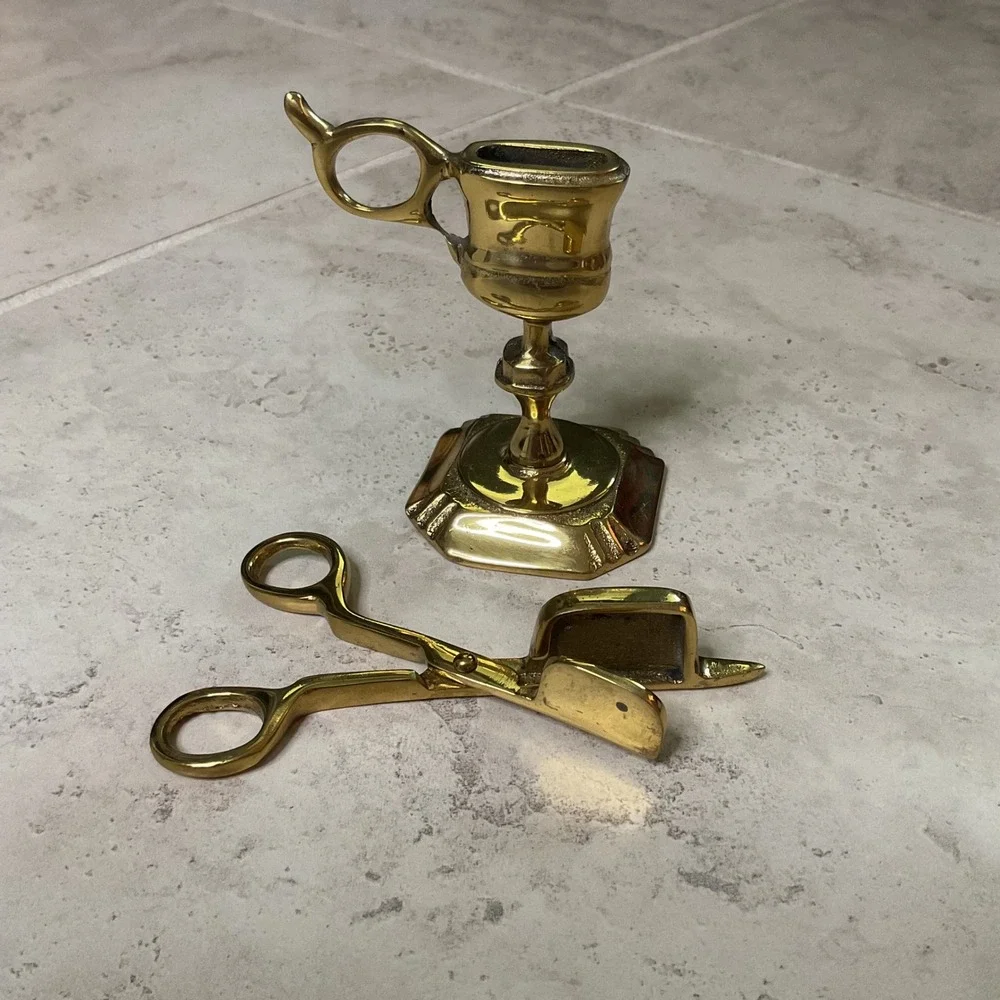 Vintage Solid Brass Candle Wick Snuffer Trimmer Scissor with Stand Made England